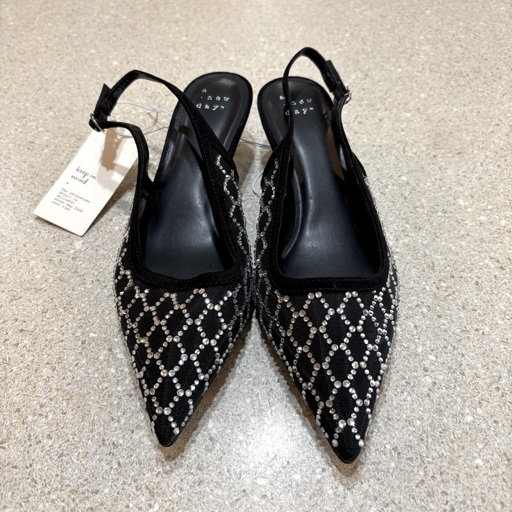 A New Day Black and Silver Heeled Slingbacks Women’s Size 6 Rhinestone Accents